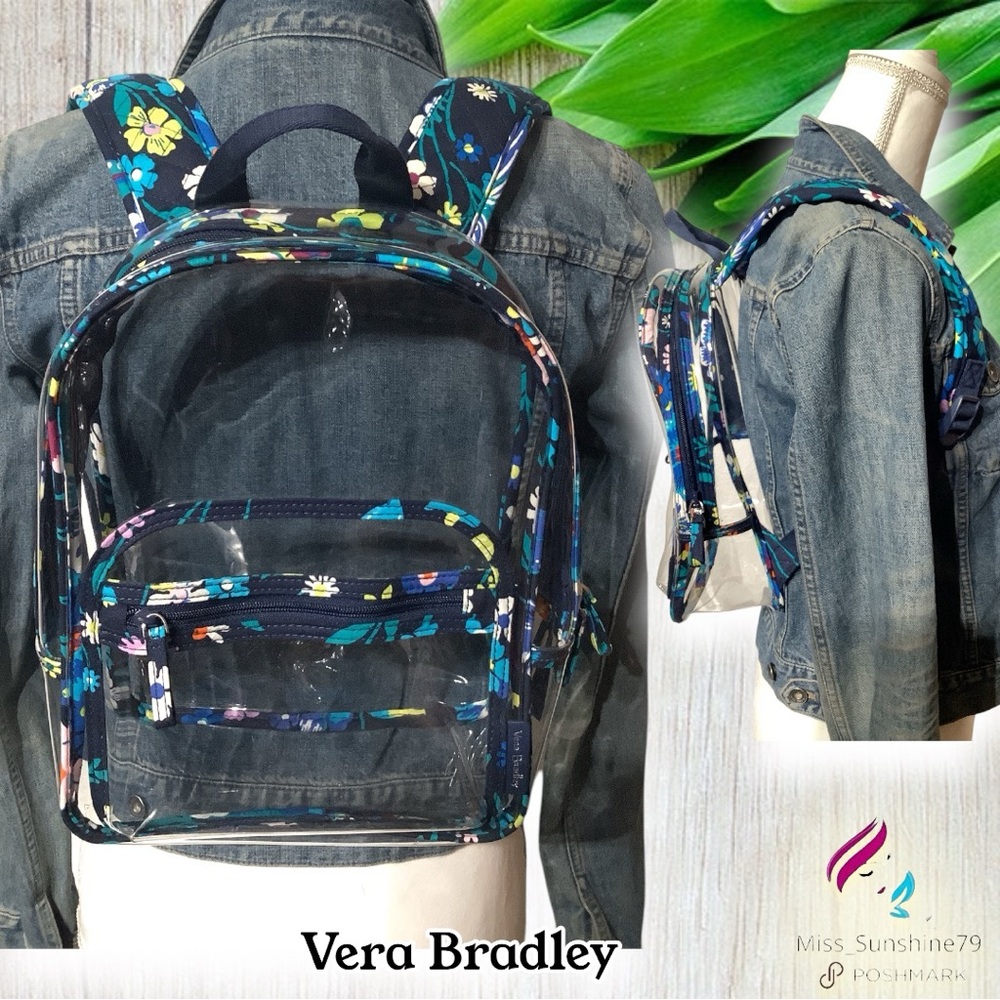 Vera Bradley - clear stadium backpack - floral blue trim - adjustable straps